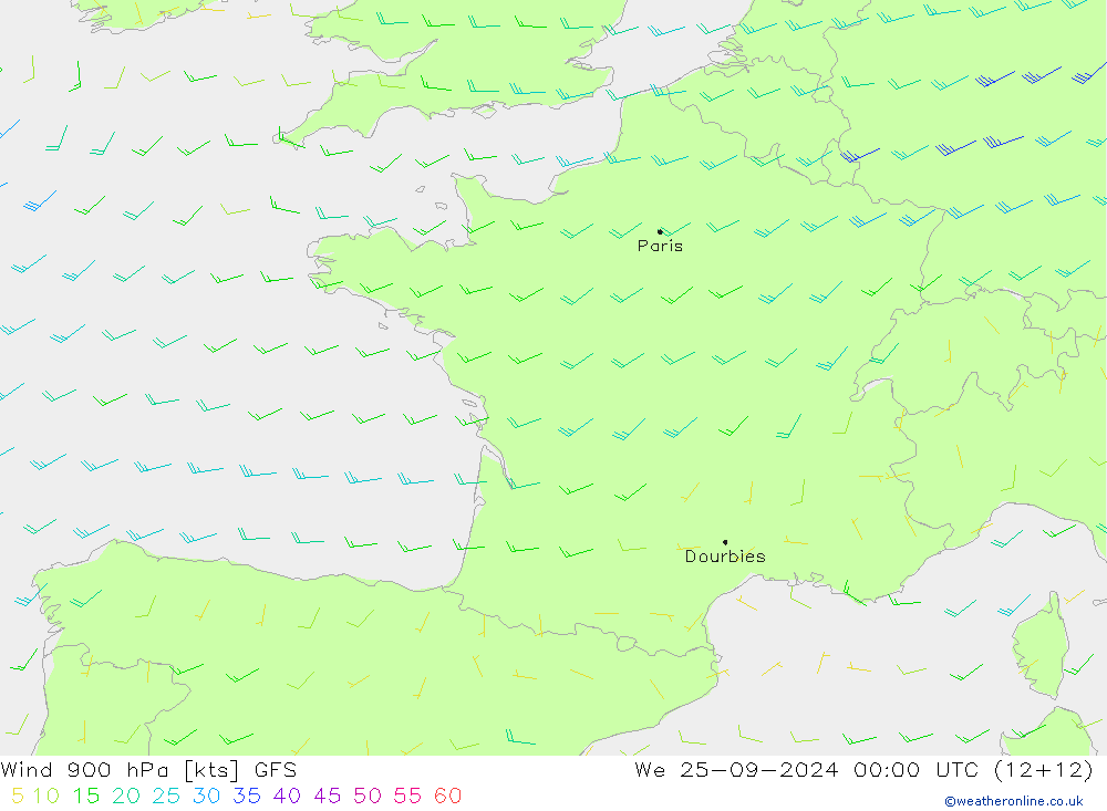 Wind 900 hPa GFS We 25.09.2024 00 UTC