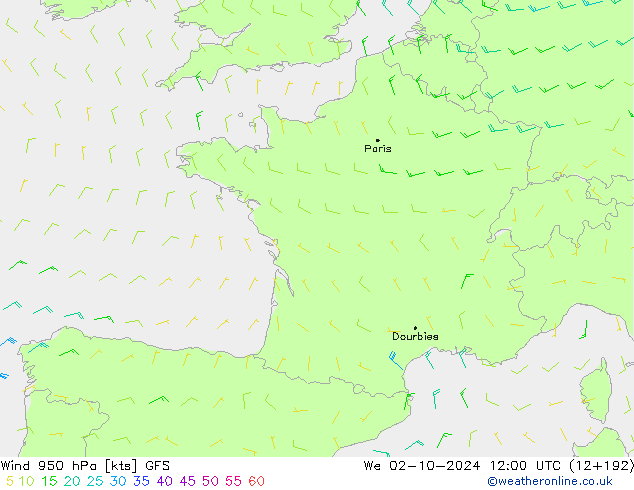 Vent 950 hPa GFS mer 02.10.2024 12 UTC