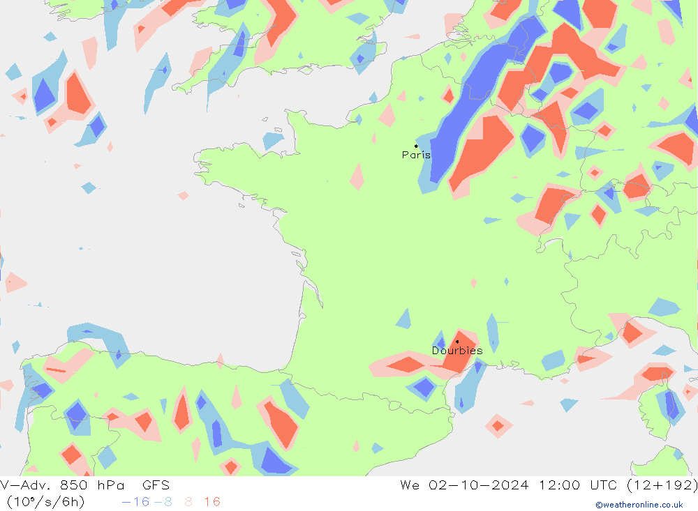 V-Adv. 850 hPa GFS We 02.10.2024 12 UTC