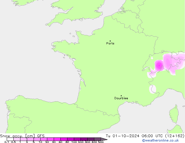 Snow accu. GFS wto. 01.10.2024 06 UTC