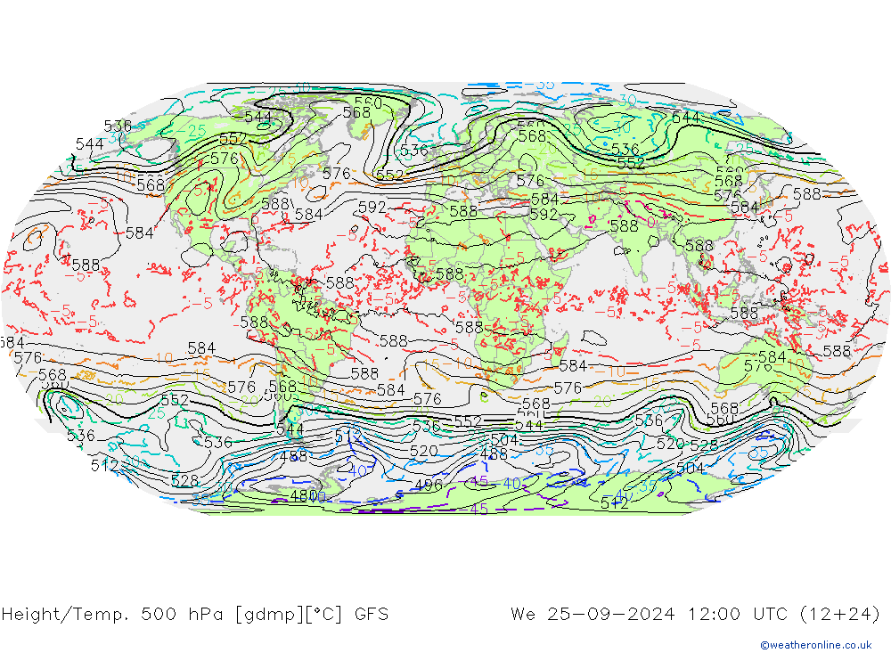 Z500/Rain (+SLP)/Z850 GFS Mi 25.09.2024 12 UTC