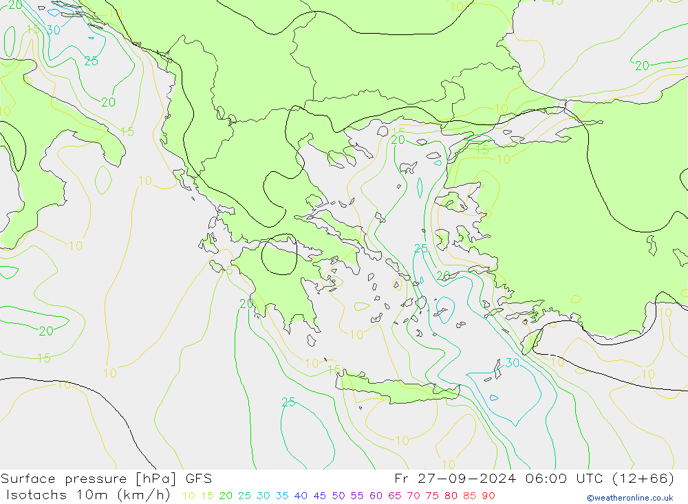 Isotachs (kph) GFS  27.09.2024 06 UTC