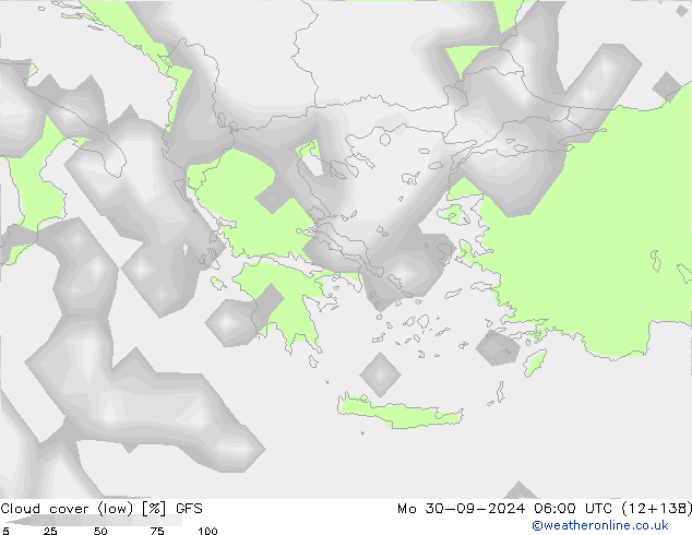 Cloud cover (low) GFS Mo 30.09.2024 06 UTC