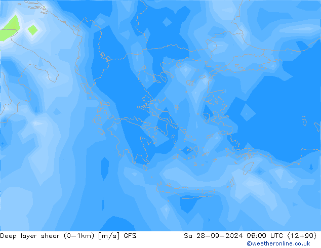 Deep layer shear (0-1km) GFS sáb 28.09.2024 06 UTC