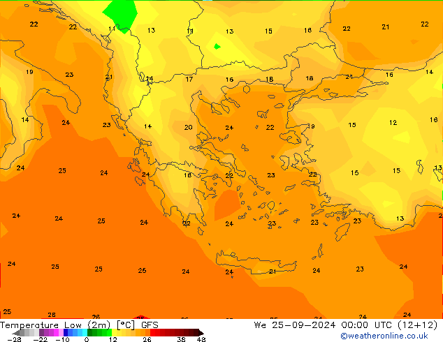 Nejnižší teplota (2m) GFS St 25.09.2024 00 UTC