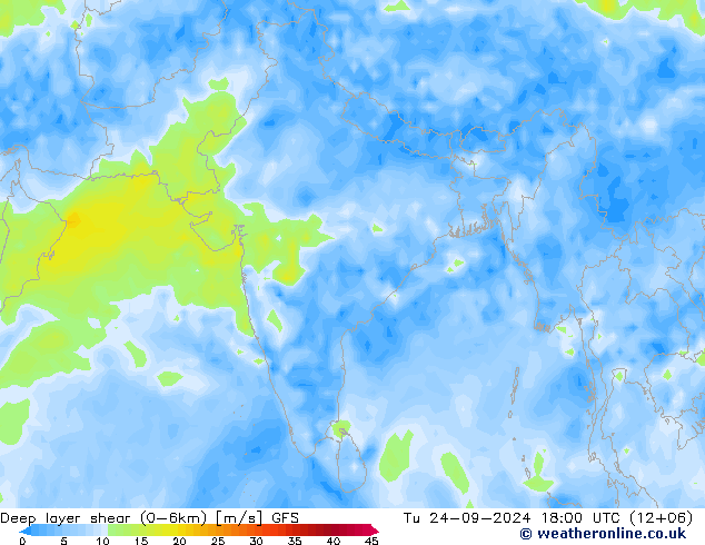 Deep layer shear (0-6km) GFS di 24.09.2024 18 UTC