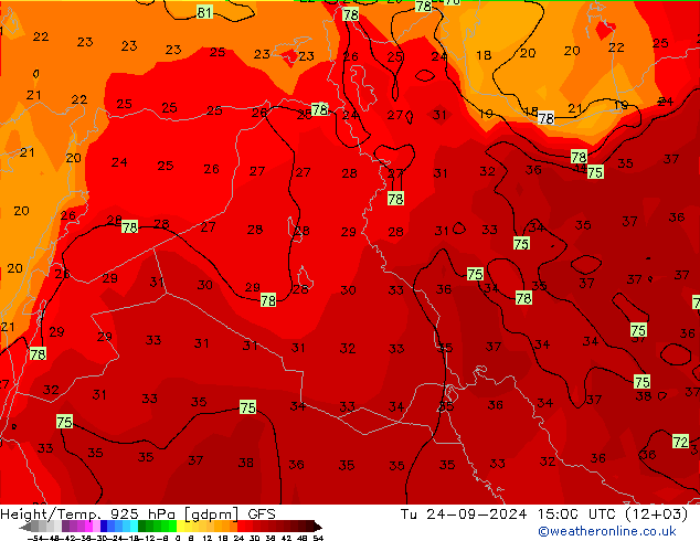 Height/Temp. 925 hPa GFS wto. 24.09.2024 15 UTC