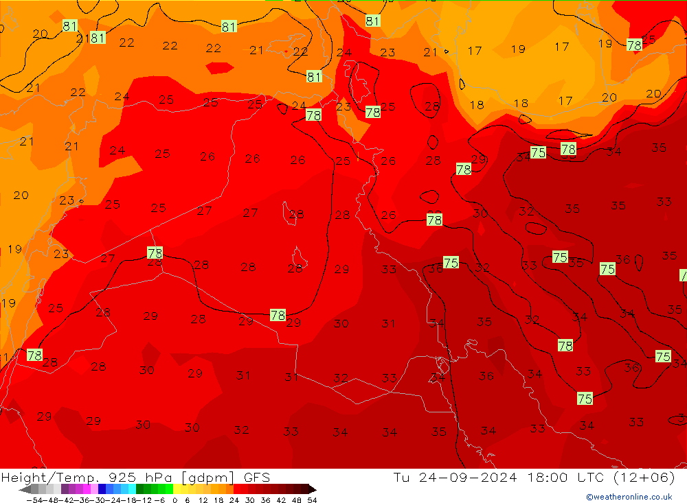 Height/Temp. 925 hPa GFS Ter 24.09.2024 18 UTC