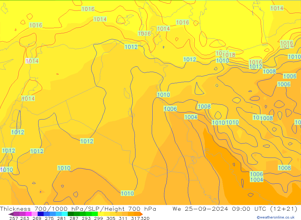 Thck 700-1000 гПа GFS ср 25.09.2024 09 UTC