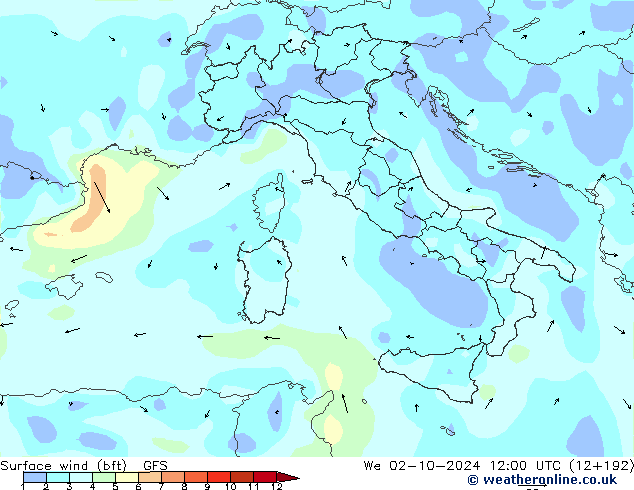 Wind 10 m (bft) GFS wo 02.10.2024 12 UTC