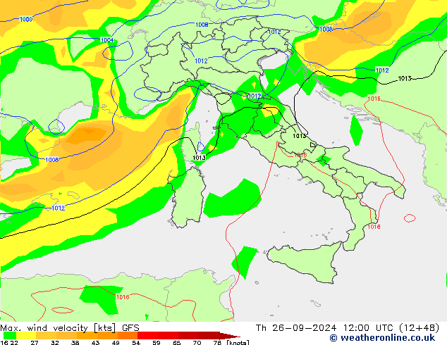 Max. wind velocity GFS чт 26.09.2024 12 UTC