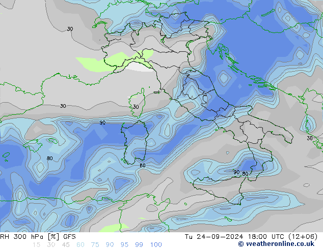 RH 300 hPa GFS Tu 24.09.2024 18 UTC