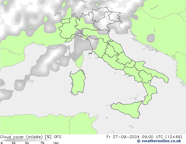 zachmurzenie (środk.) GFS pt. 27.09.2024 09 UTC