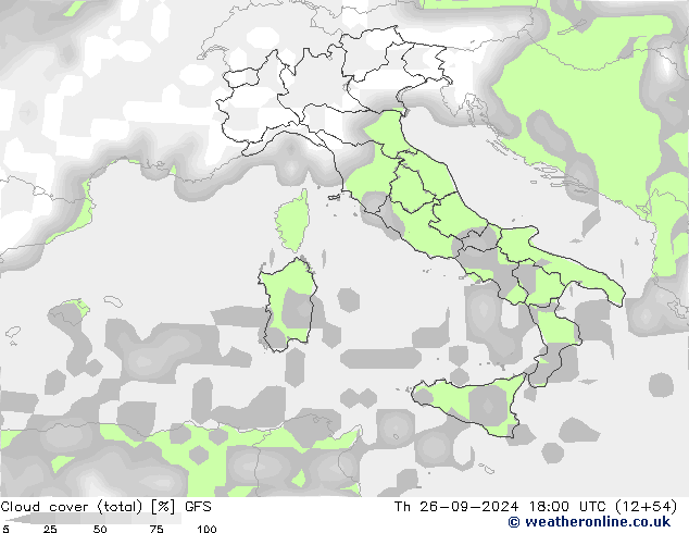 nuvens (total) GFS Qui 26.09.2024 18 UTC