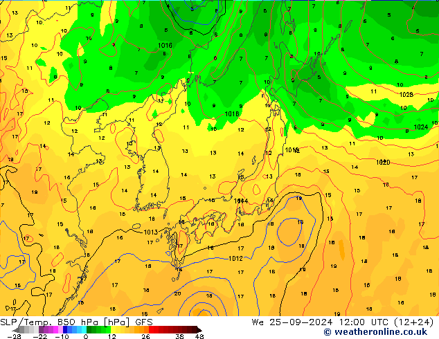 SLP/Temp. 850 hPa GFS mer 25.09.2024 12 UTC