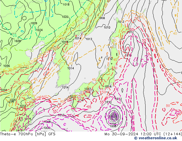 Theta-e 700hPa GFS Mo 30.09.2024 12 UTC