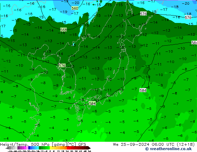 Z500/Rain (+SLP)/Z850 GFS mer 25.09.2024 06 UTC