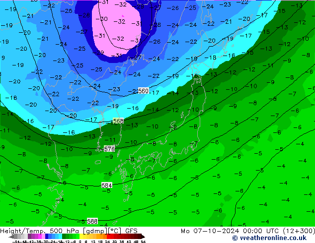 Z500/Rain (+SLP)/Z850 GFS Mo 07.10.2024 00 UTC