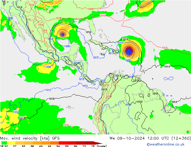 Max. wind velocity GFS We 09.10.2024 12 UTC