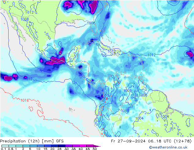 Precipitation (12h) GFS Pá 27.09.2024 18 UTC