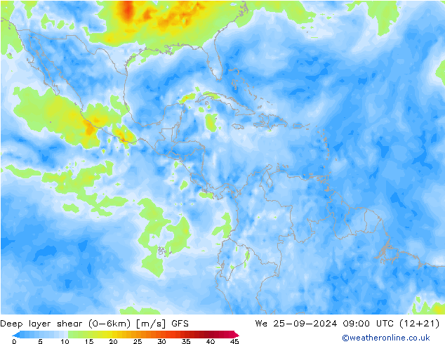 Deep layer shear (0-6km) GFS wo 25.09.2024 09 UTC