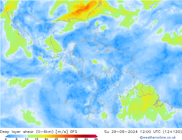 Deep layer shear (0-6km) GFS zo 29.09.2024 12 UTC