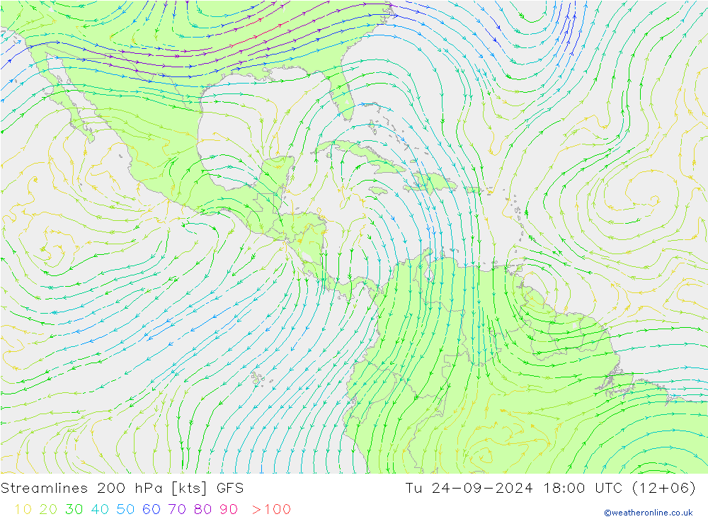 Linia prądu 200 hPa GFS wto. 24.09.2024 18 UTC