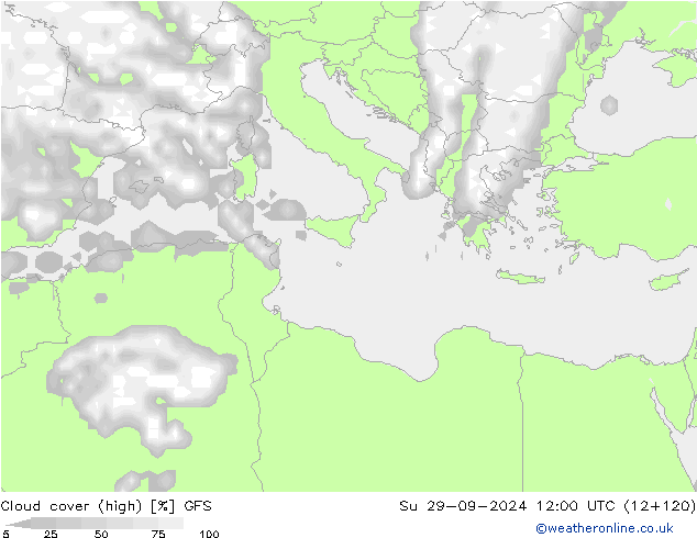 Cloud cover (high) GFS Su 29.09.2024 12 UTC