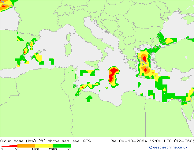 Cloud base (low) GFS śro. 09.10.2024 12 UTC