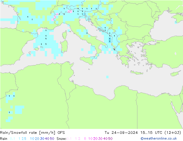 Rain/Snowfall rate GFS Tu 24.09.2024 15 UTC