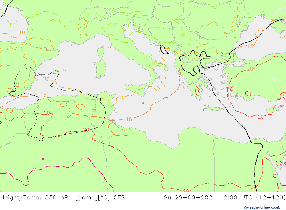 Hoogte/Temp. 850 hPa GFS zo 29.09.2024 12 UTC