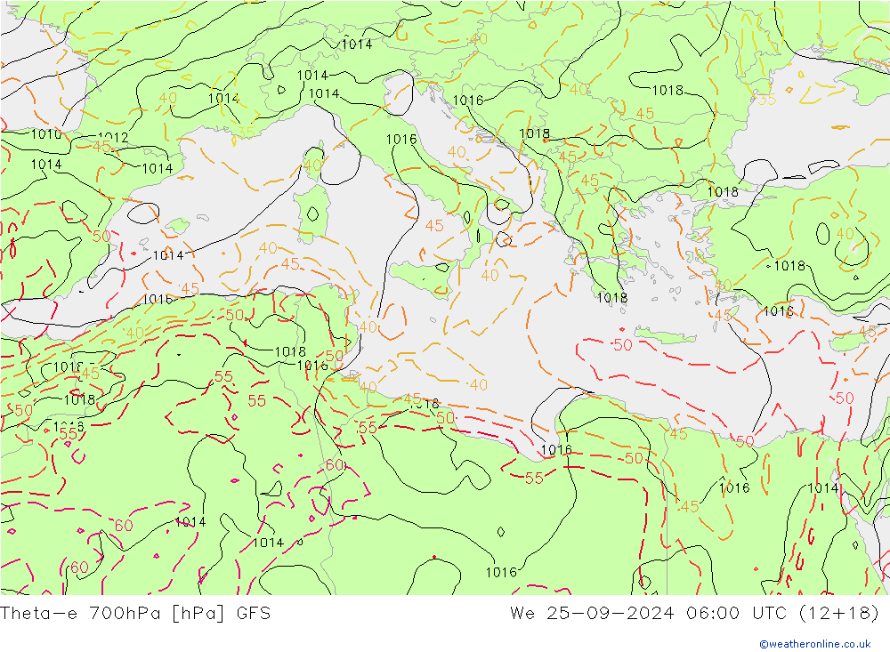 Theta-e 700hPa GFS We 25.09.2024 06 UTC