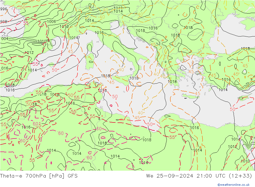 Theta-e 700hPa GFS mer 25.09.2024 21 UTC