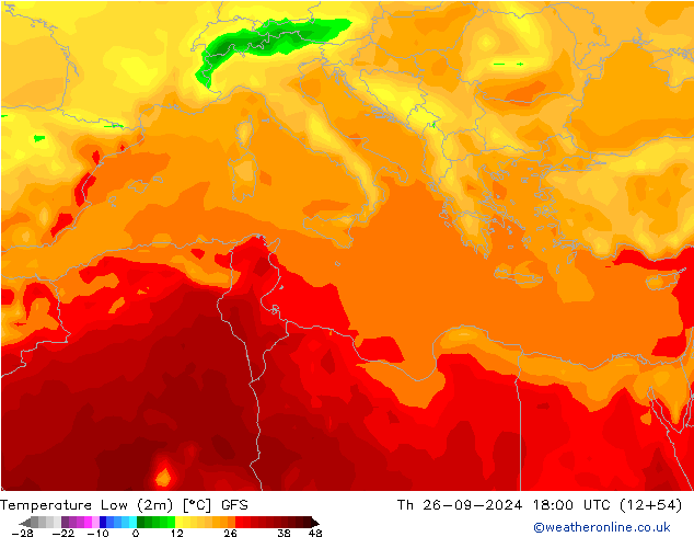 Nejnižší teplota (2m) GFS Čt 26.09.2024 18 UTC