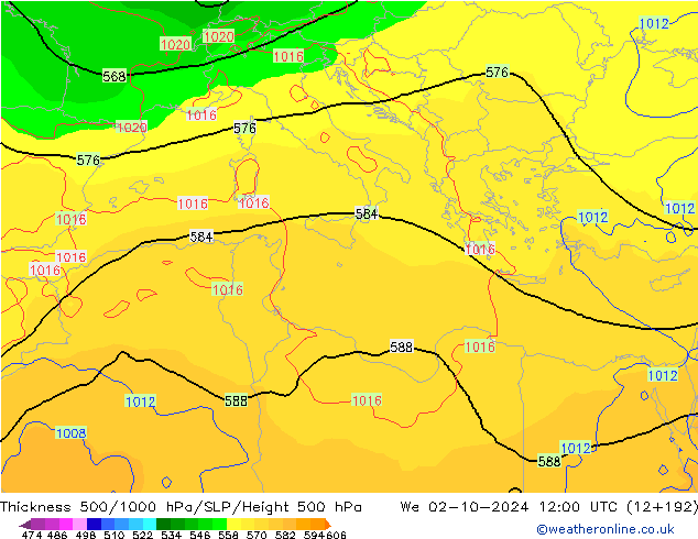 Thck 500-1000hPa GFS We 02.10.2024 12 UTC