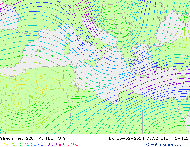 Streamlines 200 hPa GFS Mo 30.09.2024 00 UTC