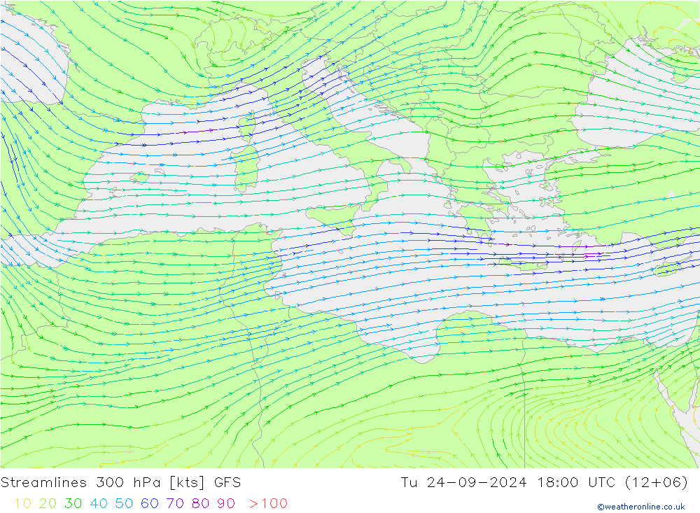 Ligne de courant 300 hPa GFS mar 24.09.2024 18 UTC