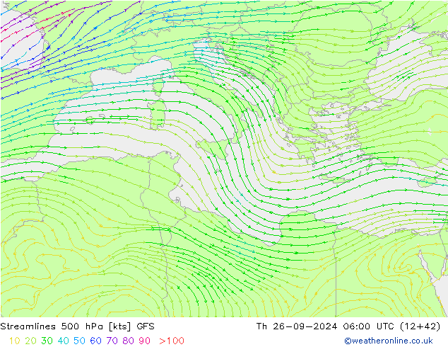 Streamlines 500 hPa GFS Čt 26.09.2024 06 UTC