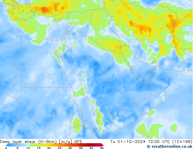 Deep layer shear (0-6km) GFS Tu 01.10.2024 12 UTC