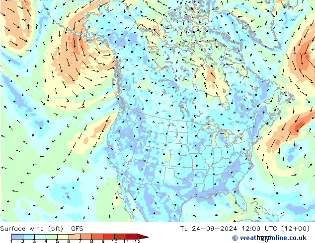 Surface wind (bft) GFS Tu 24.09.2024 12 UTC