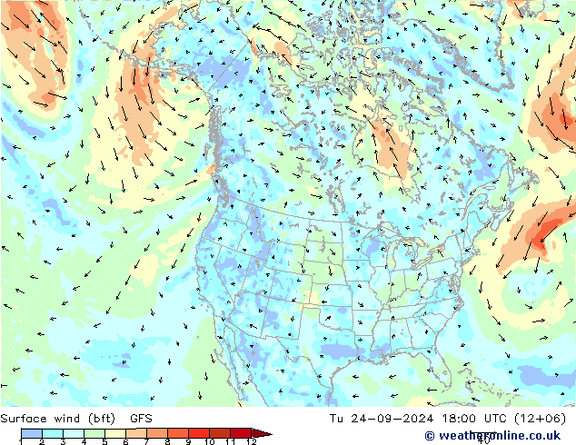 Surface wind (bft) GFS Tu 24.09.2024 18 UTC