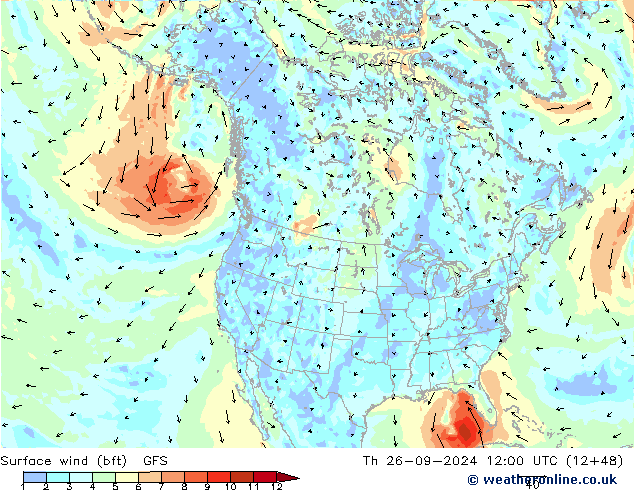 Surface wind (bft) GFS Čt 26.09.2024 12 UTC