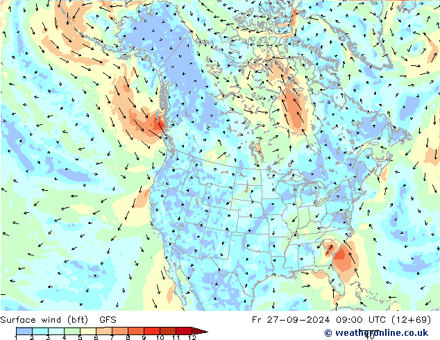 Wind 10 m (bft) GFS vr 27.09.2024 09 UTC