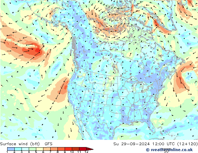  10 m (bft) GFS  29.09.2024 12 UTC