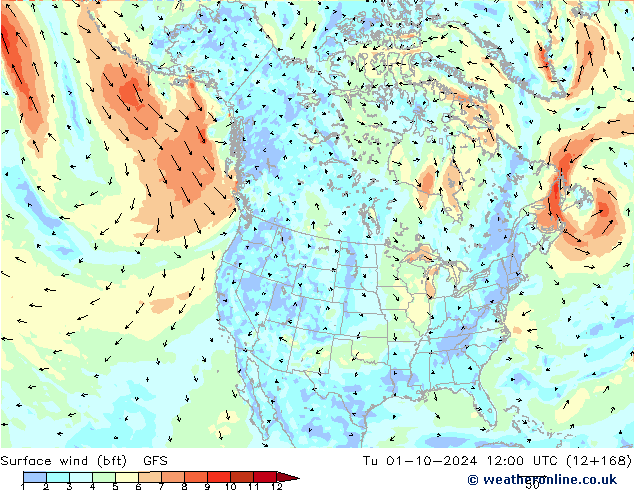 Surface wind (bft) GFS Tu 01.10.2024 12 UTC