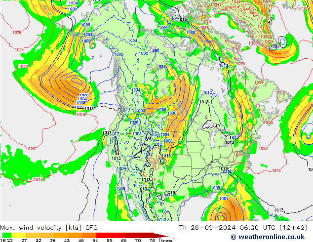 Max. wind velocity GFS jue 26.09.2024 06 UTC