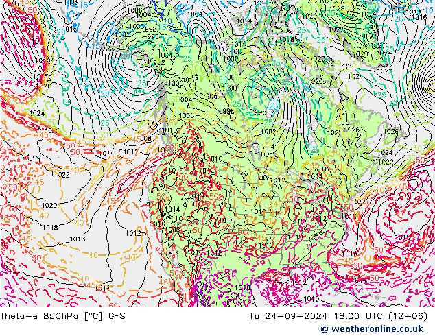 Theta-e 850hPa GFS Út 24.09.2024 18 UTC