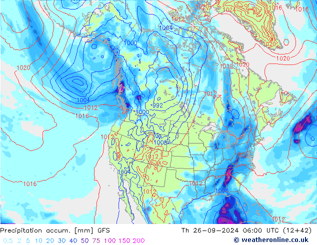 Precipitation accum. GFS Čt 26.09.2024 06 UTC