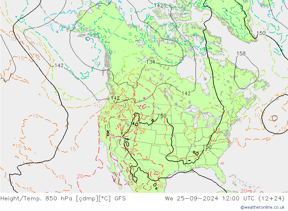 Height/Temp. 850 hPa GFS We 25.09.2024 12 UTC