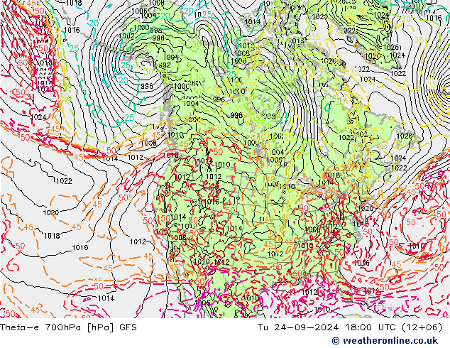 Theta-e 700hPa GFS Út 24.09.2024 18 UTC